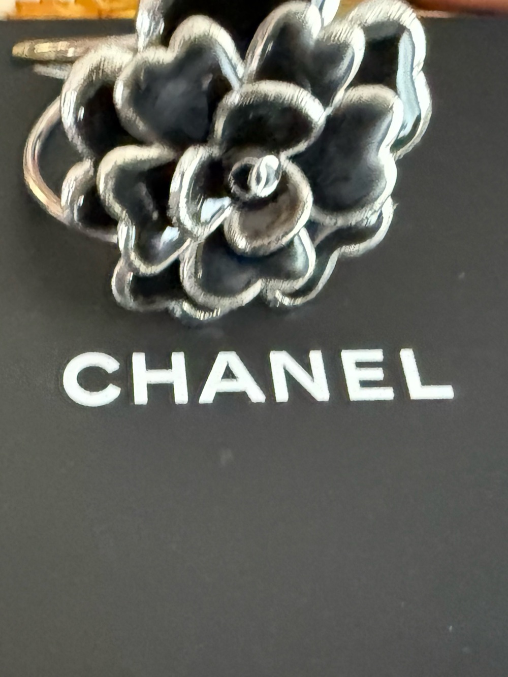 CHANEL Silver Black Camellia Double-Band Cuff
